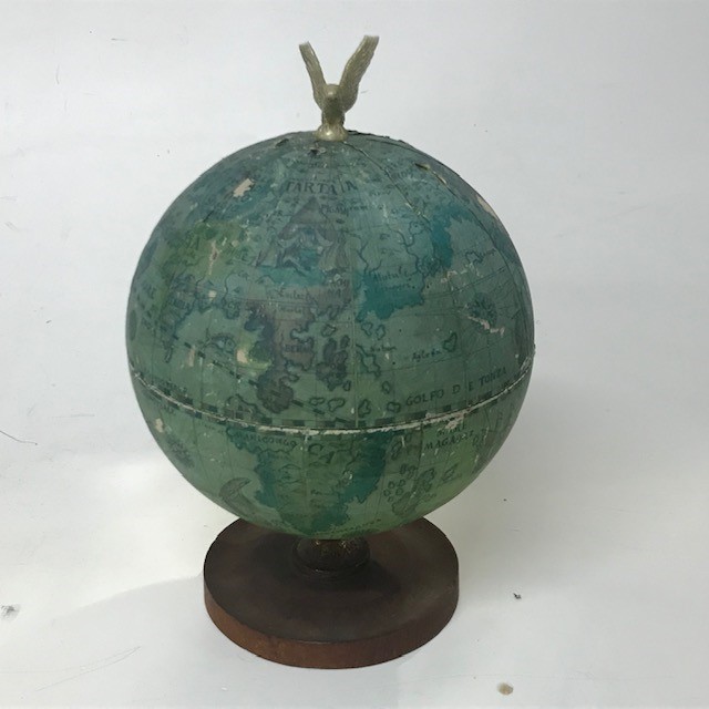 GLOBE, Medium Aged Timber Base w Eagle Top 27cm H